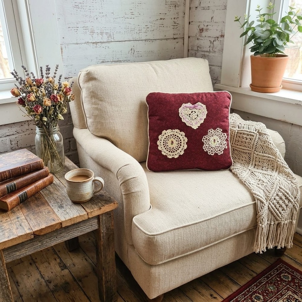 Vintage Cottagecore Burgundy Accent Pillow with Heart Crochet Lace Doilies 13.5"